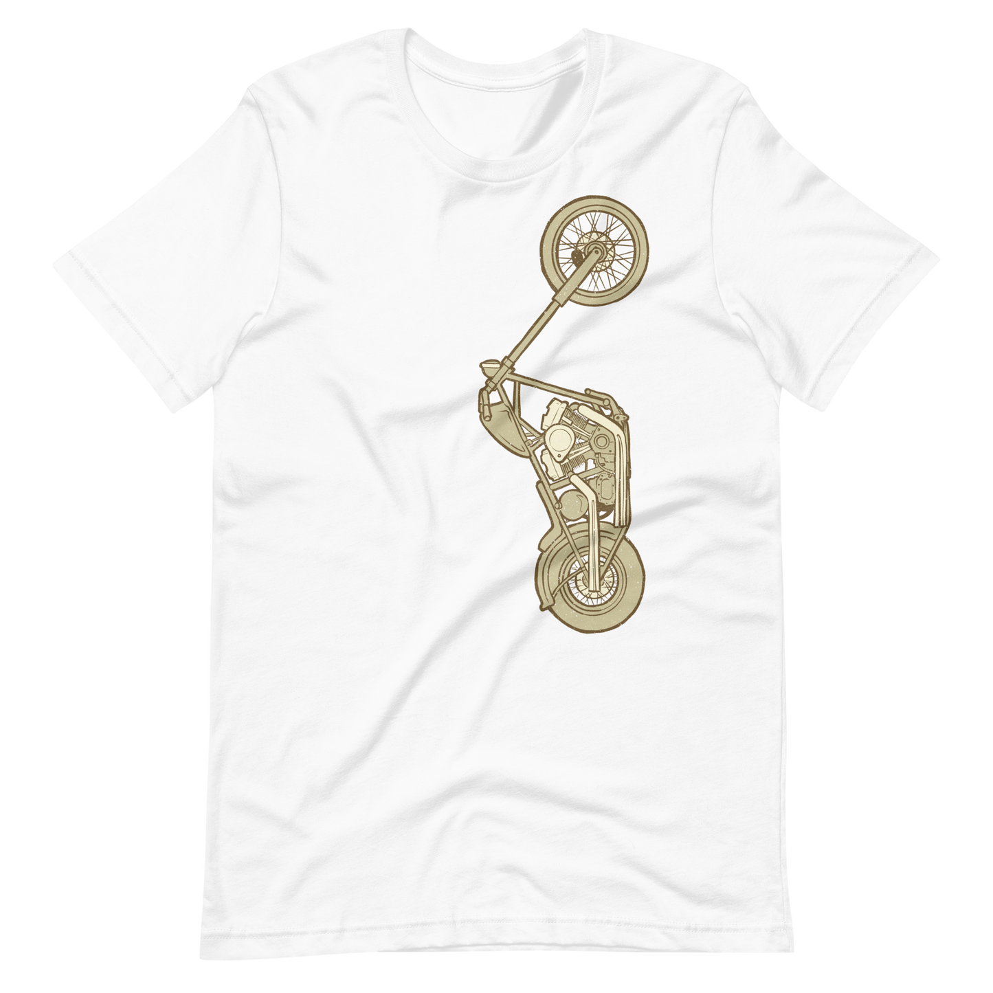 White Ride in style with the Custom Motorcycle T-shirt—a vintage-style bobber biker shirt perfect for the cool biker rider, featuring distinctive style. This stylish motorcycle shirt is ideal for the biker journey tourer, capturing the essence of classic motorcycle style with a touch of retro coolness.