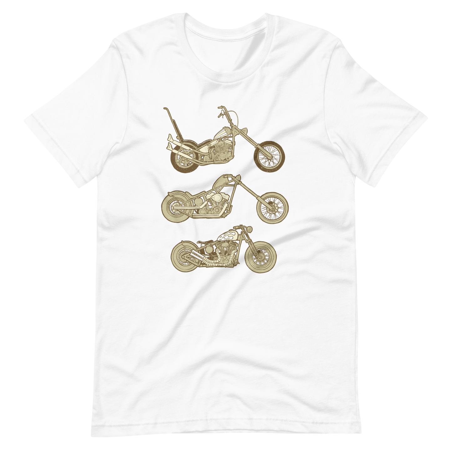 White Three Custom Harley's Motorcycle T-shirt, soft lightweight material, designed for bikers