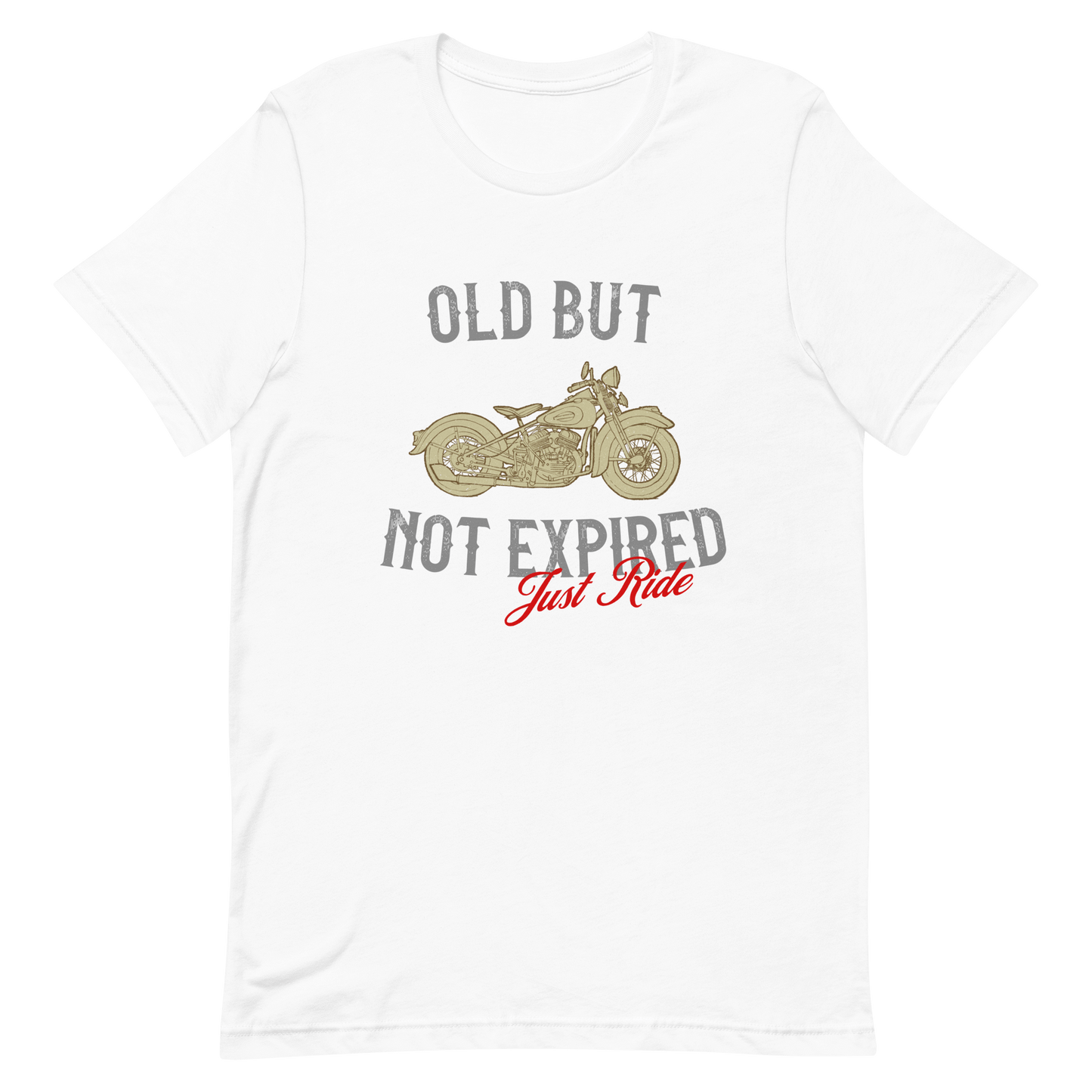 Vintage motorcycle t-shirt with "Old But Not Expired" design perfect for motorcycle enthusiasts.