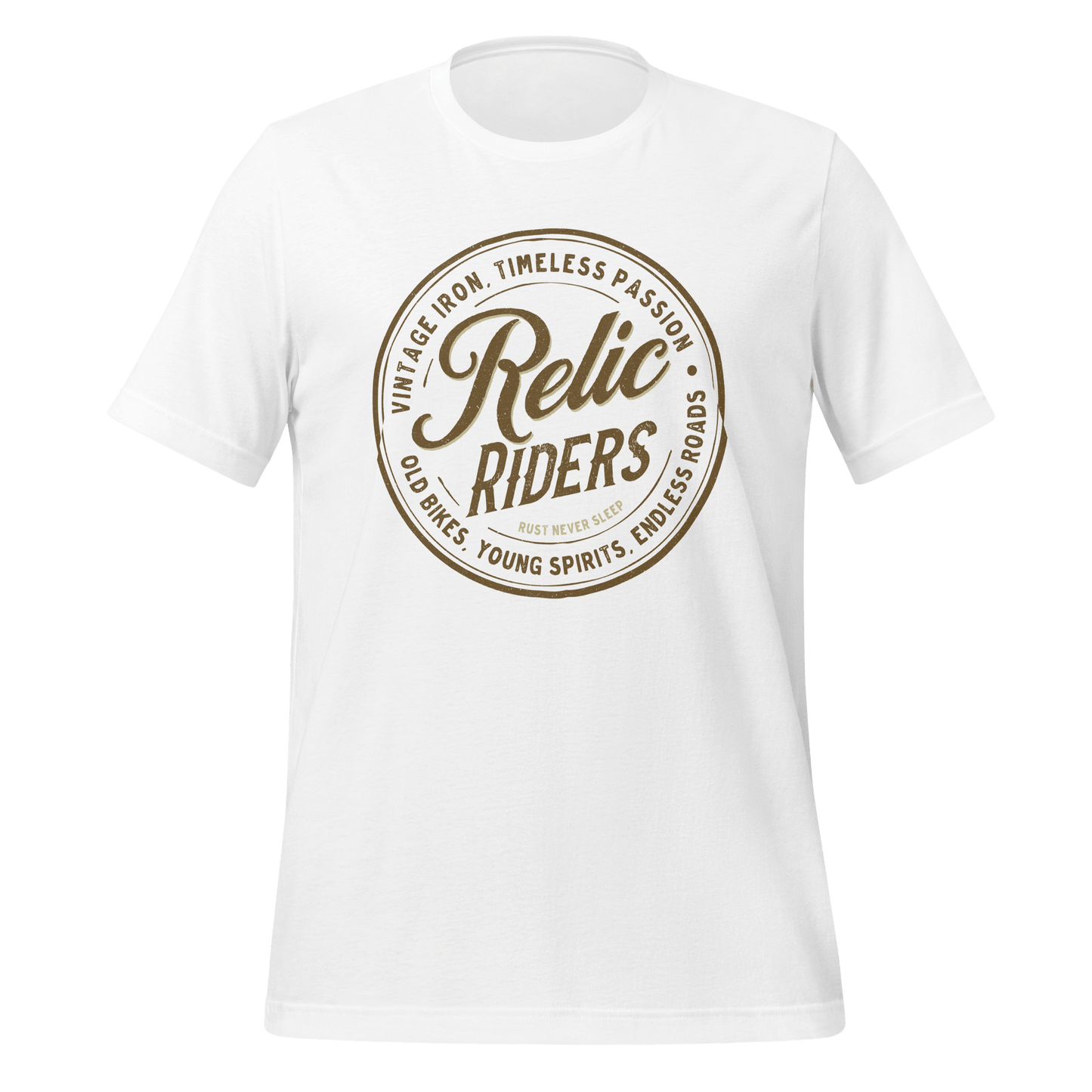 Relic Riders vintage motorcycle t-shirt featuring a round logo design on a white background.