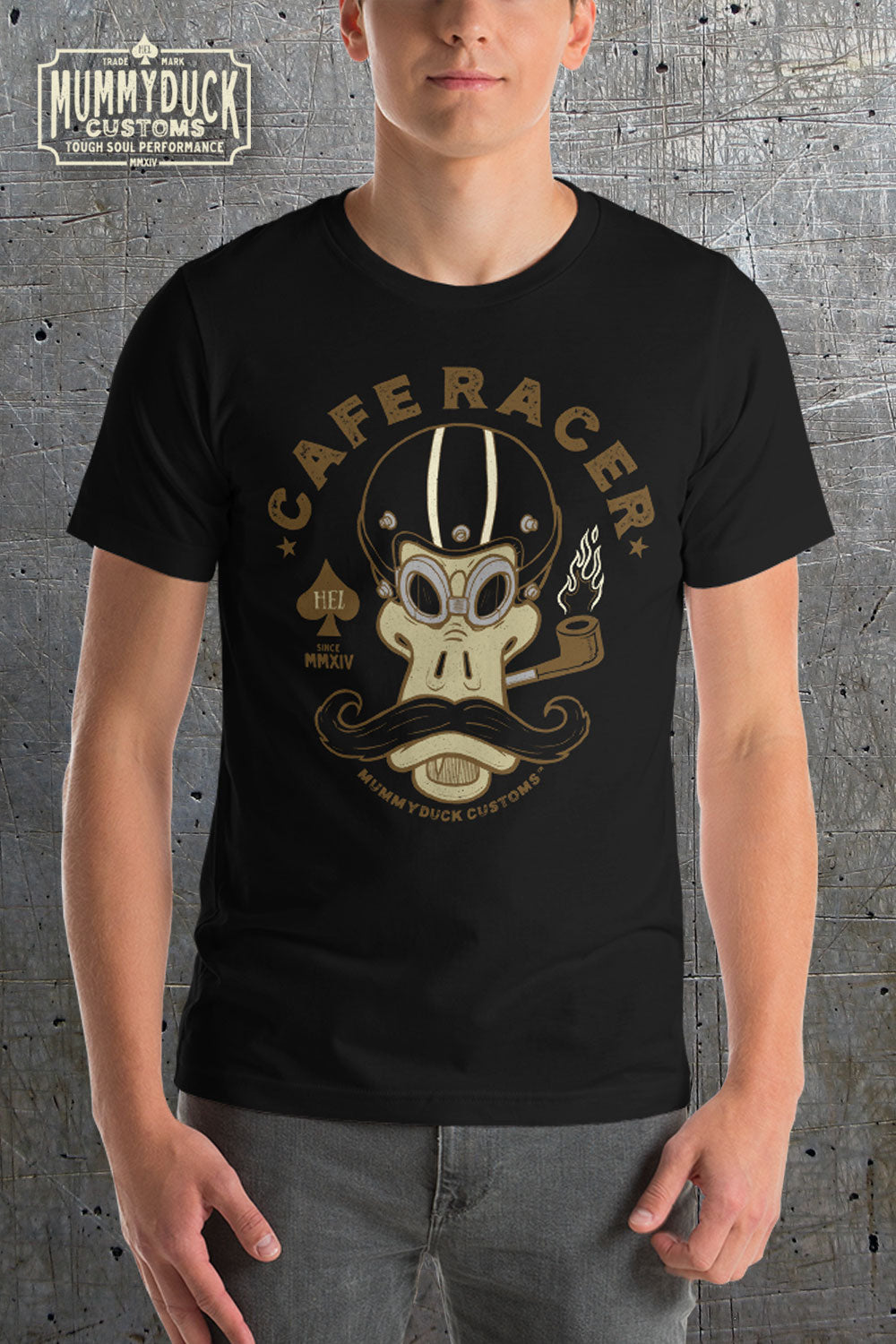 black t-shirt caferacer duck skull with helmet