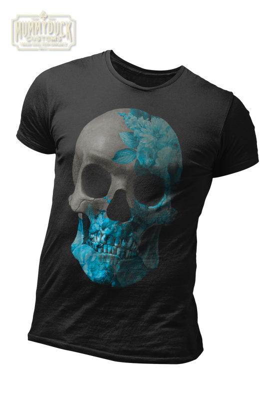 black t-shirt with blue flower texture skull