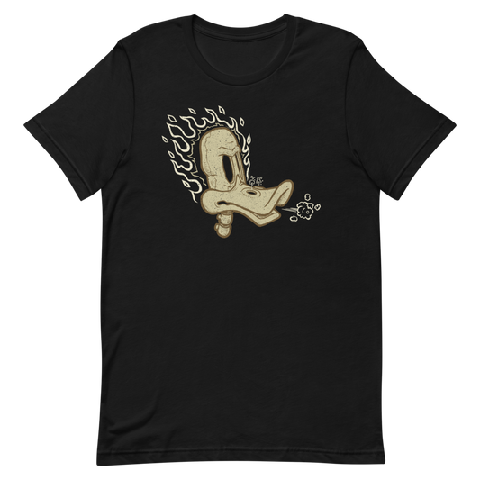 black motorcycle t-shirt with flaming duck skull illustration