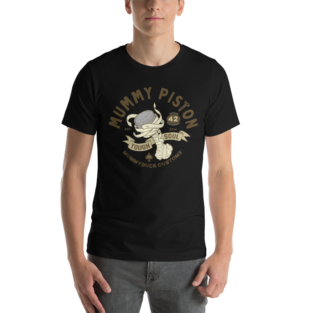 Black motorcycle t-shirt with piston illustration