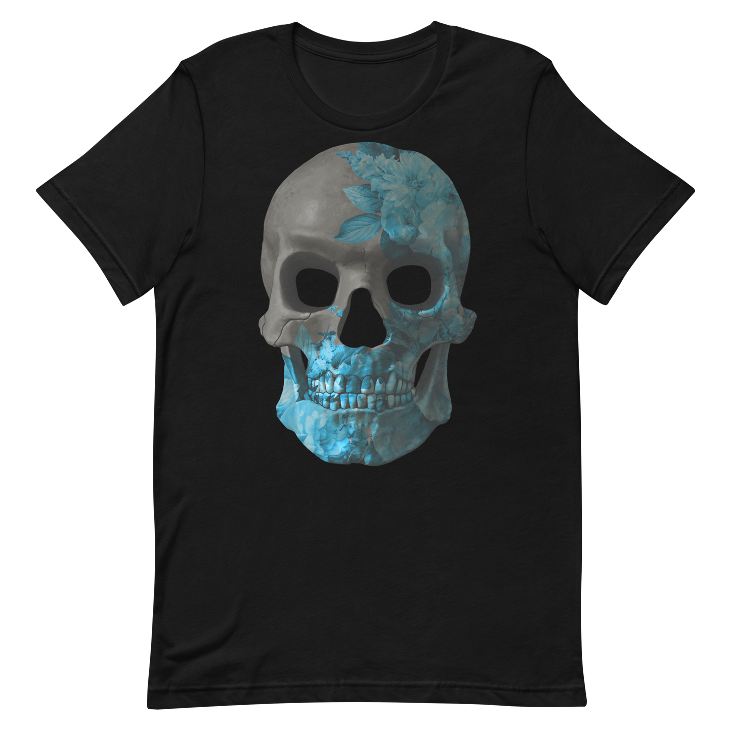 black t-shirt with blue flower texture skull