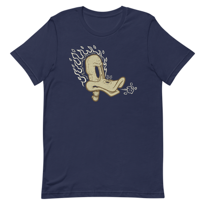 blue motorcycle t-shirt with flaming duck skull illustration