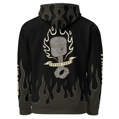 Cafe Racer Hoodie featuring a vintage design with pistons, flames, and "Torque Torch" graphic on the back.