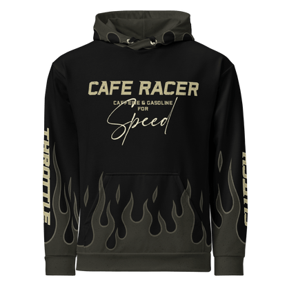 Cafe Racer Hoodie featuring flames design, vintage biker aesthetic, and comfortable fabric for cooler rides.