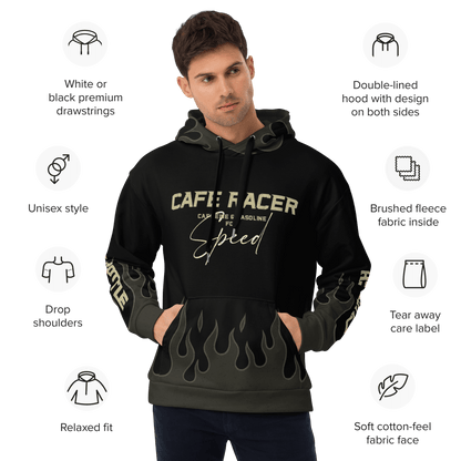 Cafe Racer Hoodie featuring flame design, brushed fleece inside, unisex fit, and comfortable drawstrings for stylish vintage appeal.