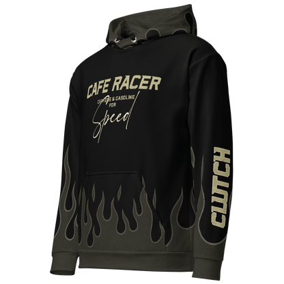 Black Cafe Racer Hoodie with flame design and text, perfect for vintage bike enthusiasts and casual wear.