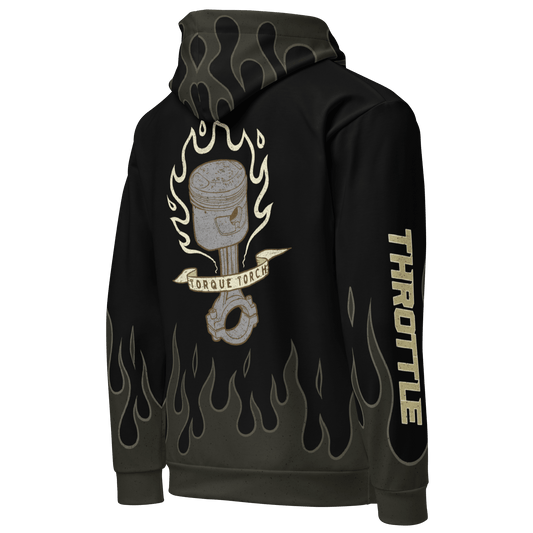 Cafe Racer Hoodie with flame design and piston graphic, perfect for vintage biker culture and comfortable rides.