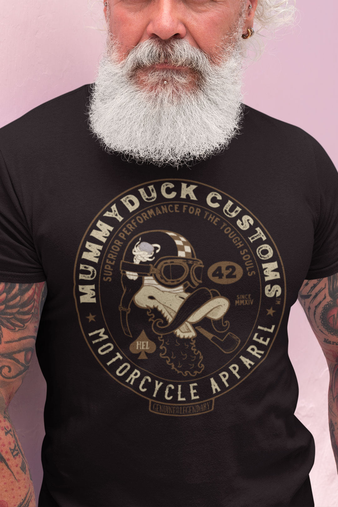 This Bearded Gentleman Motorcycle T-Shirt by Mummyduck Customs is everything you've dreamed of and more. It feels soft and lightweight, with the right amount of stretch. It's comfortable and flattering for all. Custom made from HEL.