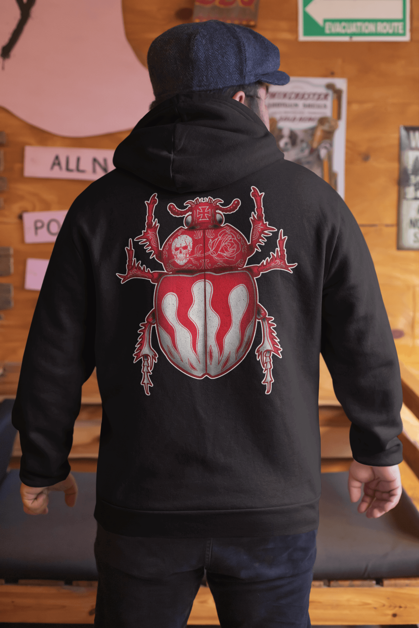 Black Scarab Beetle hoodie showcasing bold bug-inspired art, perfect for bikers and motorcycle enthusiasts.