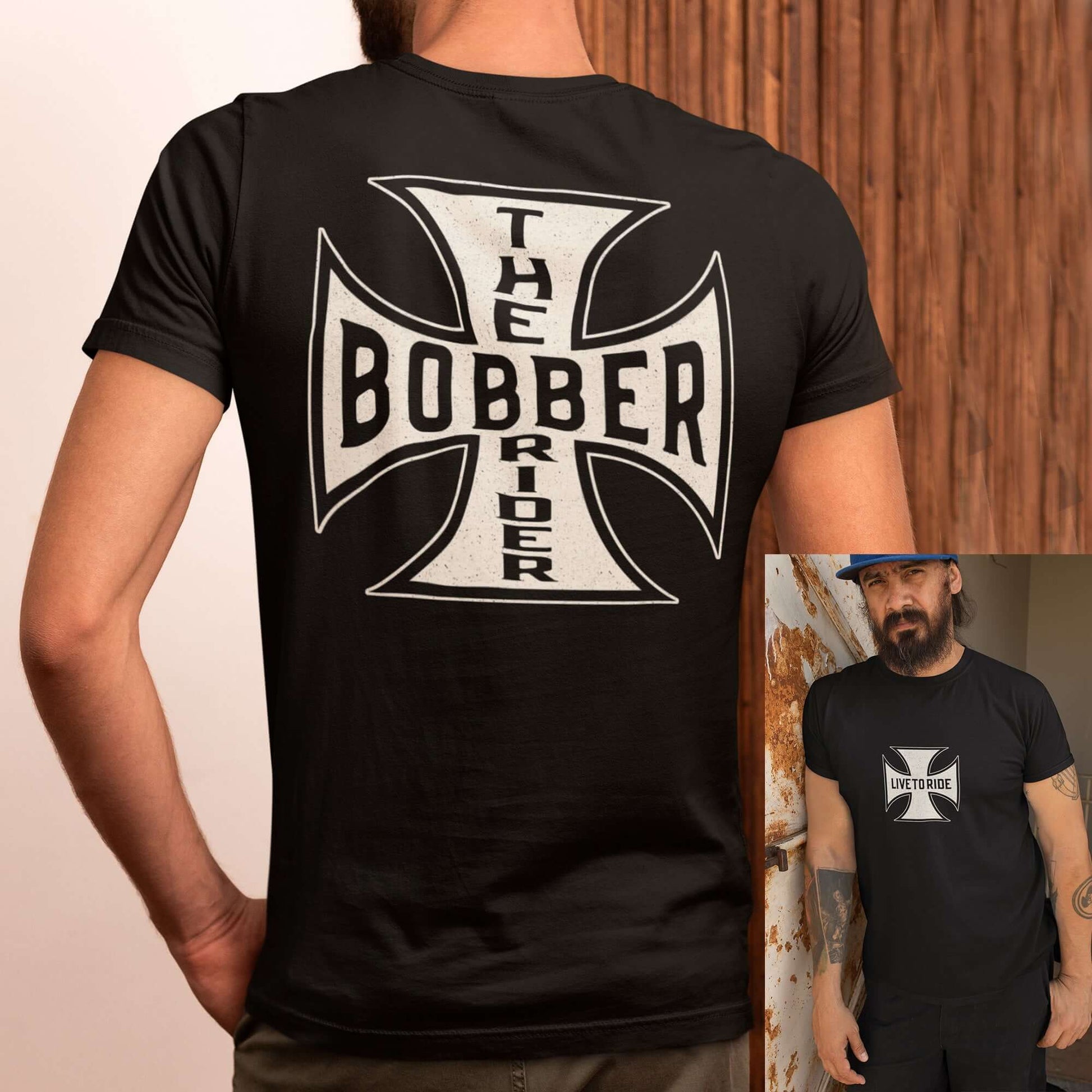 Bobber Rider t-shirt featuring Maltese Cross design, perfect for motorcycle enthusiasts and biker culture.