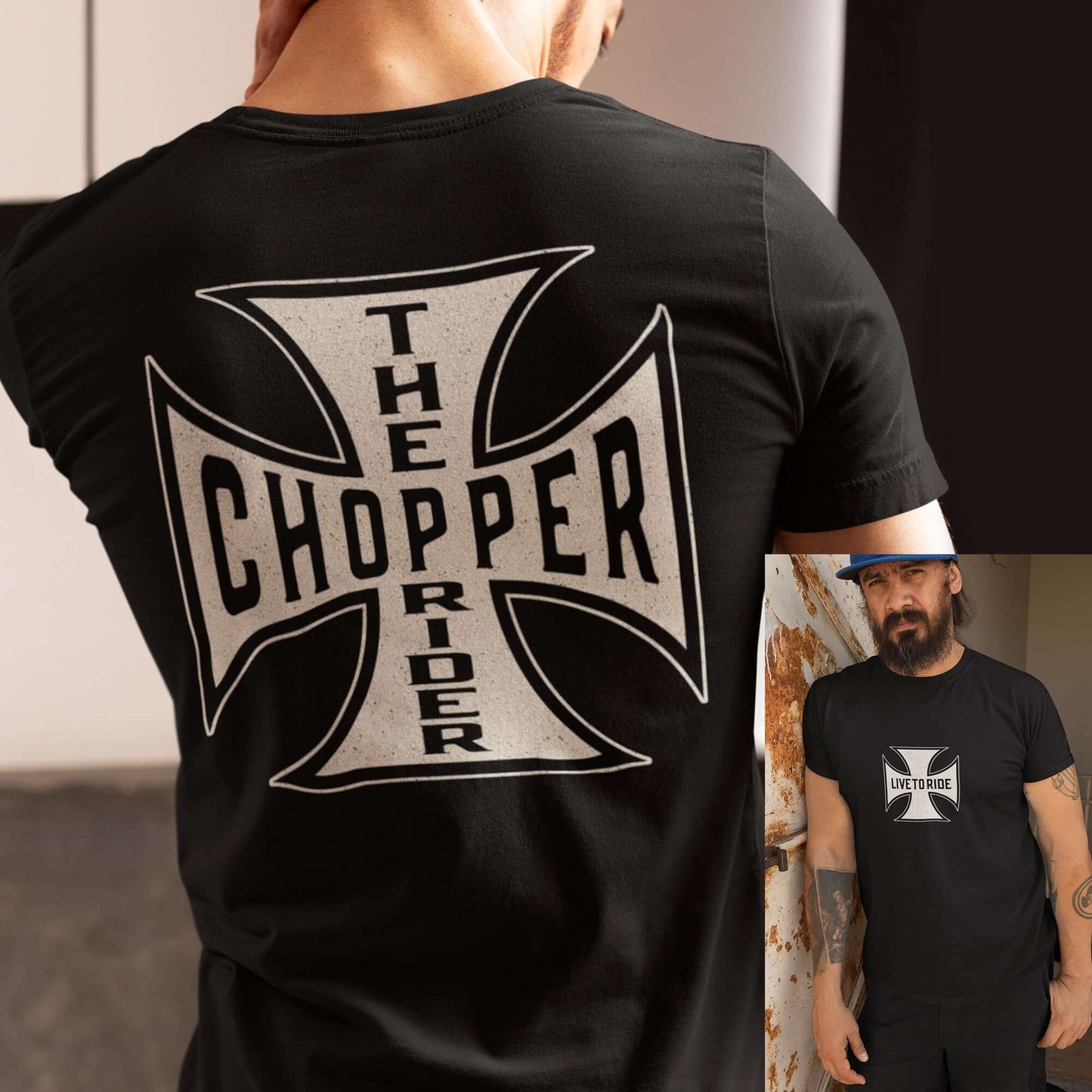 Chopper Motorcycle T-shirt featuring a bold Maltese Cross design, perfect for bikers showcasing their passion.