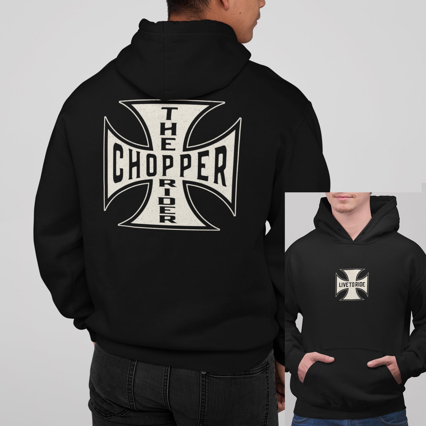 Black Chopper Hoodie featuring large Iron Cross design, perfect for motorcycle enthusiasts seeking style and comfort.