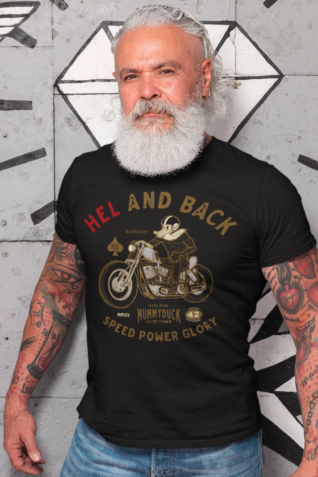 HEL and back motorcycle t-shirt. Mummy rider with his HD. He bows power and speed. He’s fast if needed. Otherwise, he just rides HEL and back if he pleases.