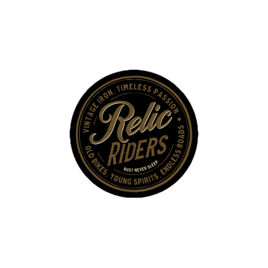 Relic Riders logo with vintage iron, timeless passion slogan on black background.
