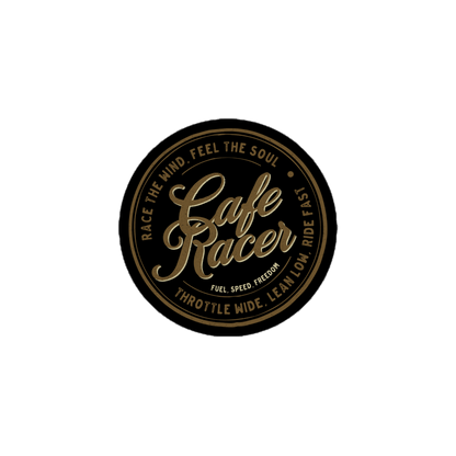 Vintage Cafe Racer sticker with classic motorbike apparel design, featuring text "Race the Wind, Feel the Soul" on black background.