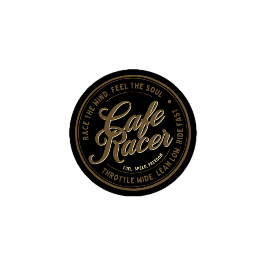 Vintage Cafe Racer sticker with classic motorbike apparel design, featuring text "Race the Wind, Feel the Soul" on black background.