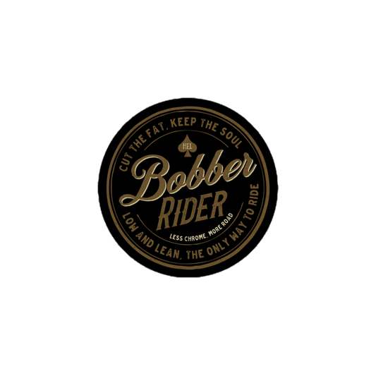 Vintage-style Bobber Rider motorcycle sticker with classic slogan for motorbike enthusiasts, black background.