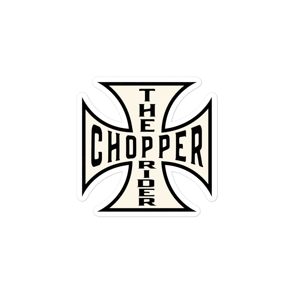 Chopper motorcycle sticker featuring Maltese cross design with "The Chopper Rider" text, perfect for motorbike enthusiasts.