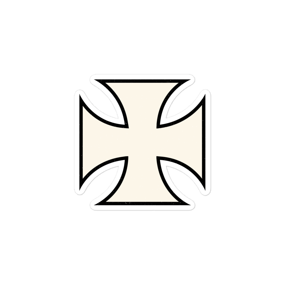 Maltese Cross sticker in cream color with black outline for motorcycle enthusiasts and chopper riders.