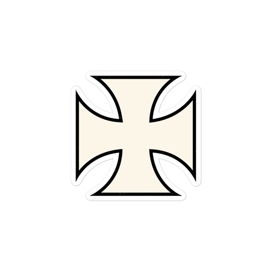 Maltese Cross sticker in cream color with black outline for motorcycle enthusiasts and chopper riders.