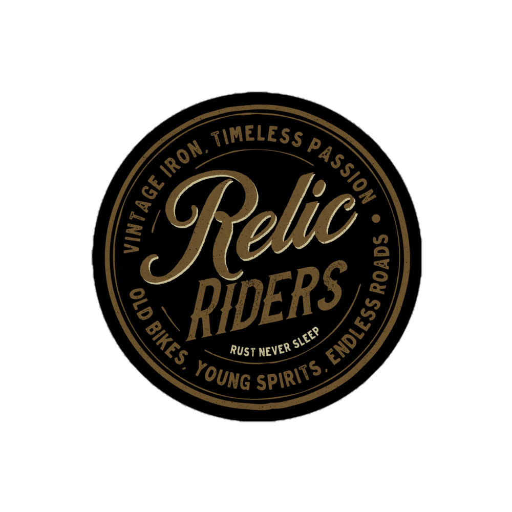 Vintage-style Relic Riders logo with a circular design and text emphasizing old bikes and endless roads.