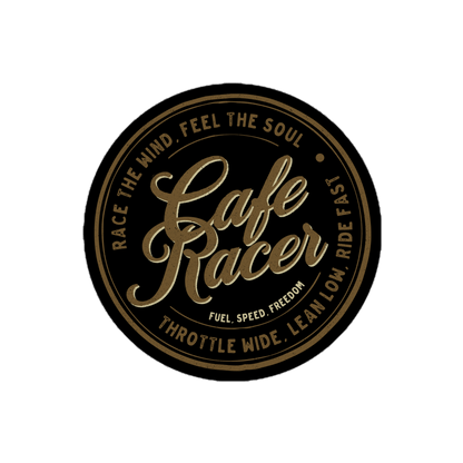 Cafe Racer sticker with vintage design and phrases "Race the Wind" and "Feel the Soul" in circular layout.