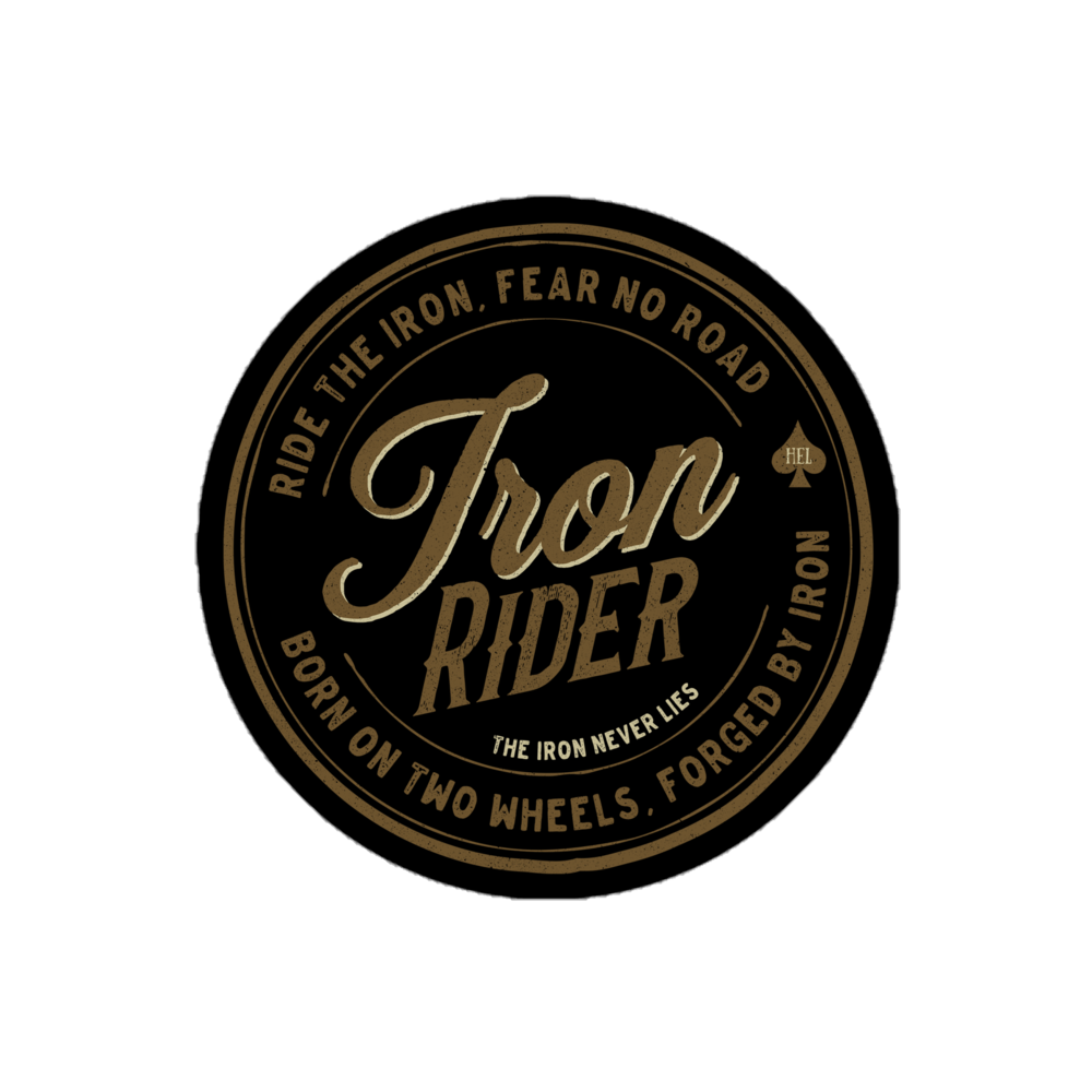 Iron Rider Motorcycle Sticker with "Ride the Iron, Fear No Road" text, perfect for motorbike enthusiasts, printed on durable vinyl.