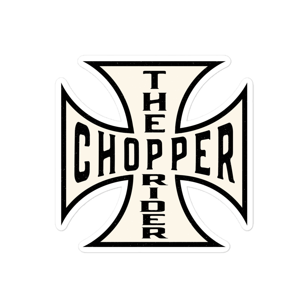 Chopper motorcycle sticker featuring a Maltese cross design with "THE CHOPPER RIDER" text in bold black letters.