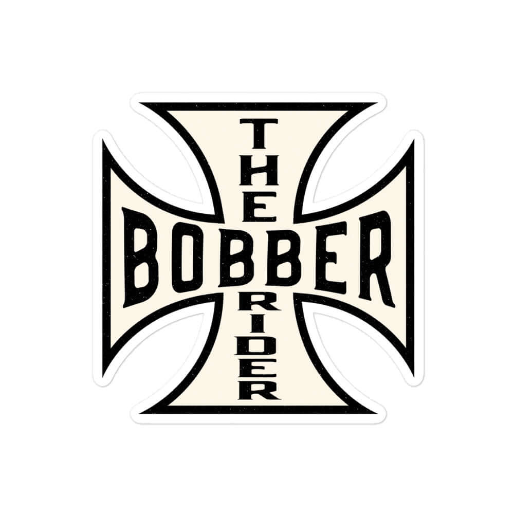 Bobber motorcycle sticker featuring a Maltese cross design with text "THE BOBBER RIDER". Bubble-free high-quality vinyl.