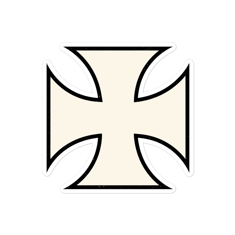 Maltese cross decal sticker in beige with black outline for motorcycle enthusiasts and chopper riders.