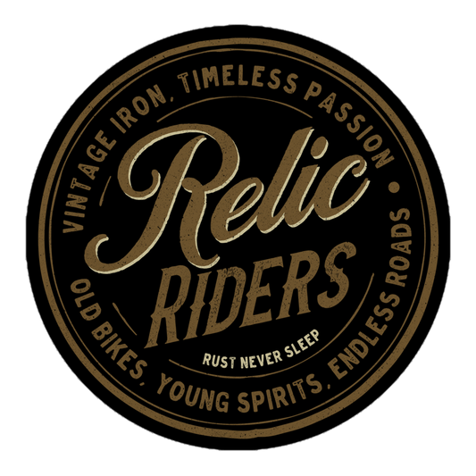 Relic Riders logo with "Vintage Iron, Timeless Passion" and "Old Bikes, Young Spirits, Endless Roads" slogans.