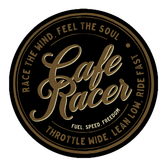 Cafe Racer sticker featuring vintage motorcycle themed typography design with phrases "Race the Wind" and "Feel the Soul".