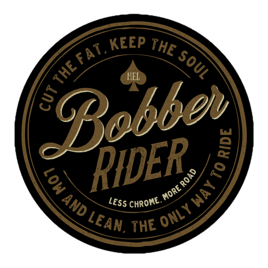 Vintage style Bobber Rider sticker with motorcycle-themed design for bike enthusiasts and classic pops from Motor Relics collection.