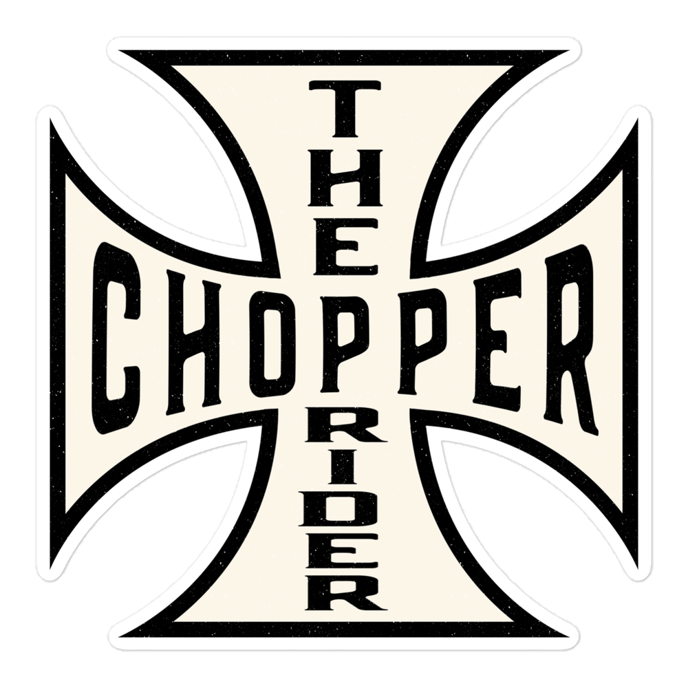 Chopper Motorcycle sticker featuring Maltese Cross design with bold lettering for bike enthusiasts.