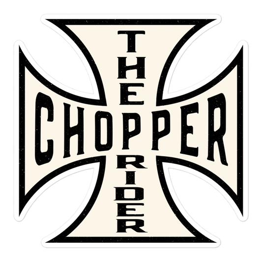 Chopper Motorcycle sticker featuring Maltese Cross design with bold lettering for bike enthusiasts.