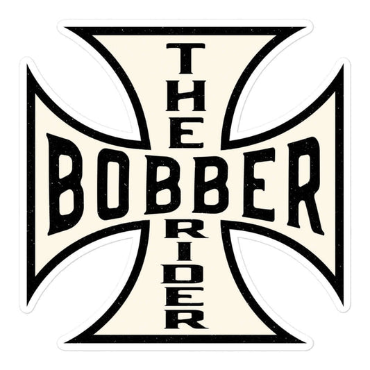 Bobber motorcycle sticker featuring a Maltese cross design with bold text "THE BOBBER RIDER."