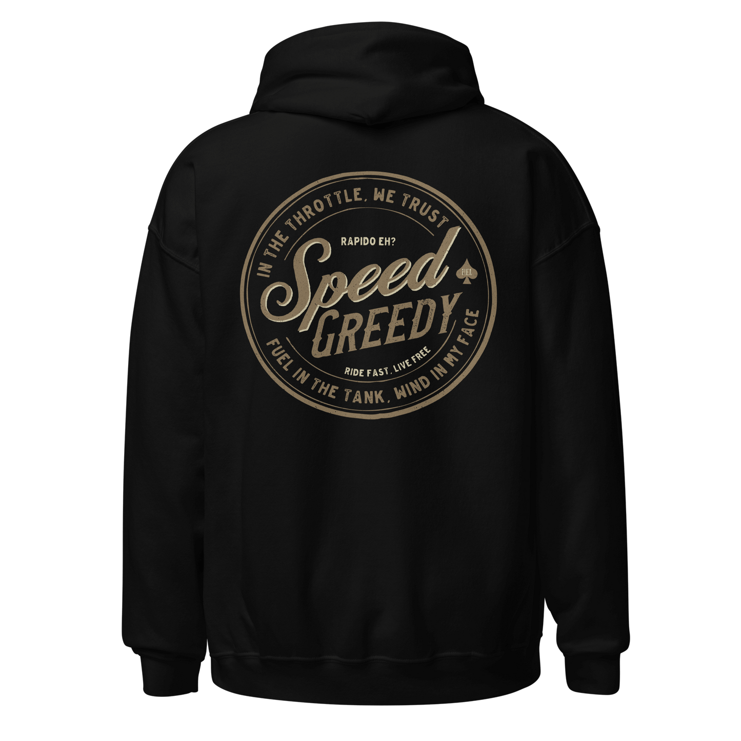 Black Speed Greedy motorcycle hoodie with vintage design for motorbike enthusiasts and riders.