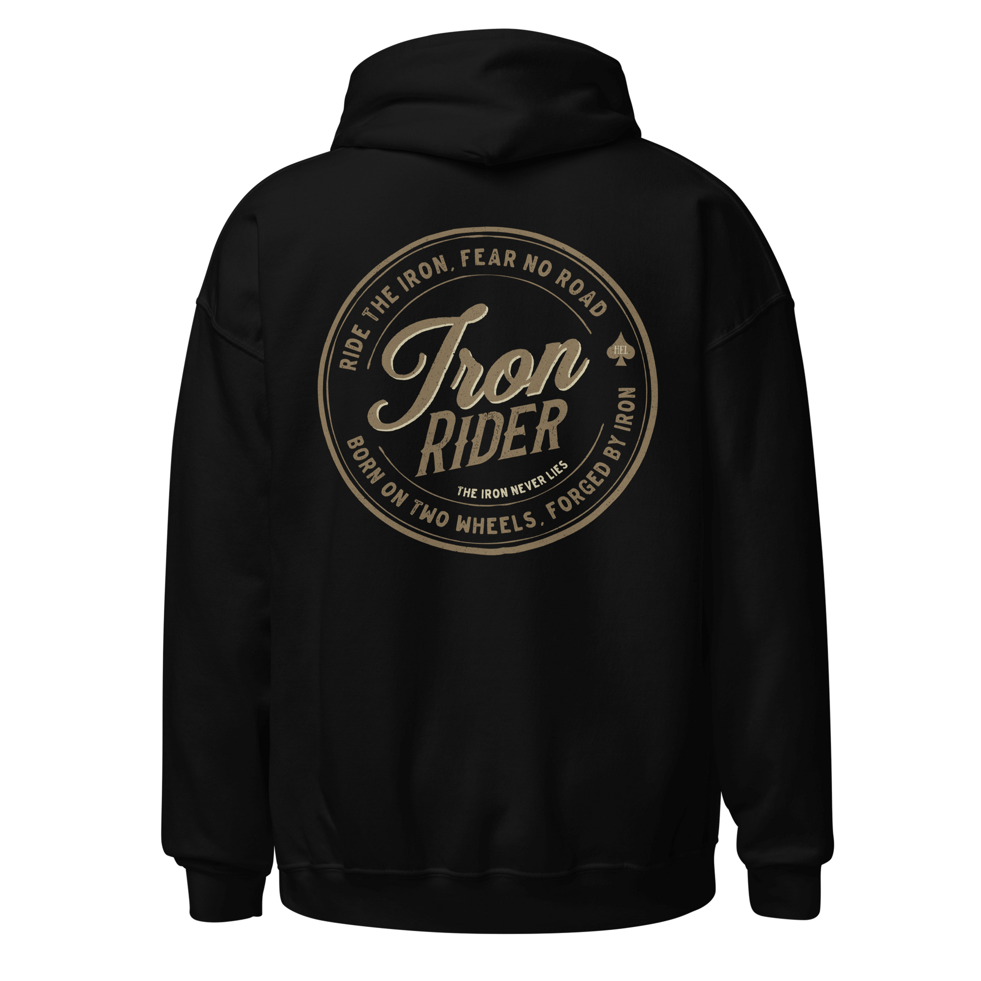 Iron Rider motorcycle hoodie with vintage logo design on the back, perfect for motorbike enthusiasts seeking style and comfort.