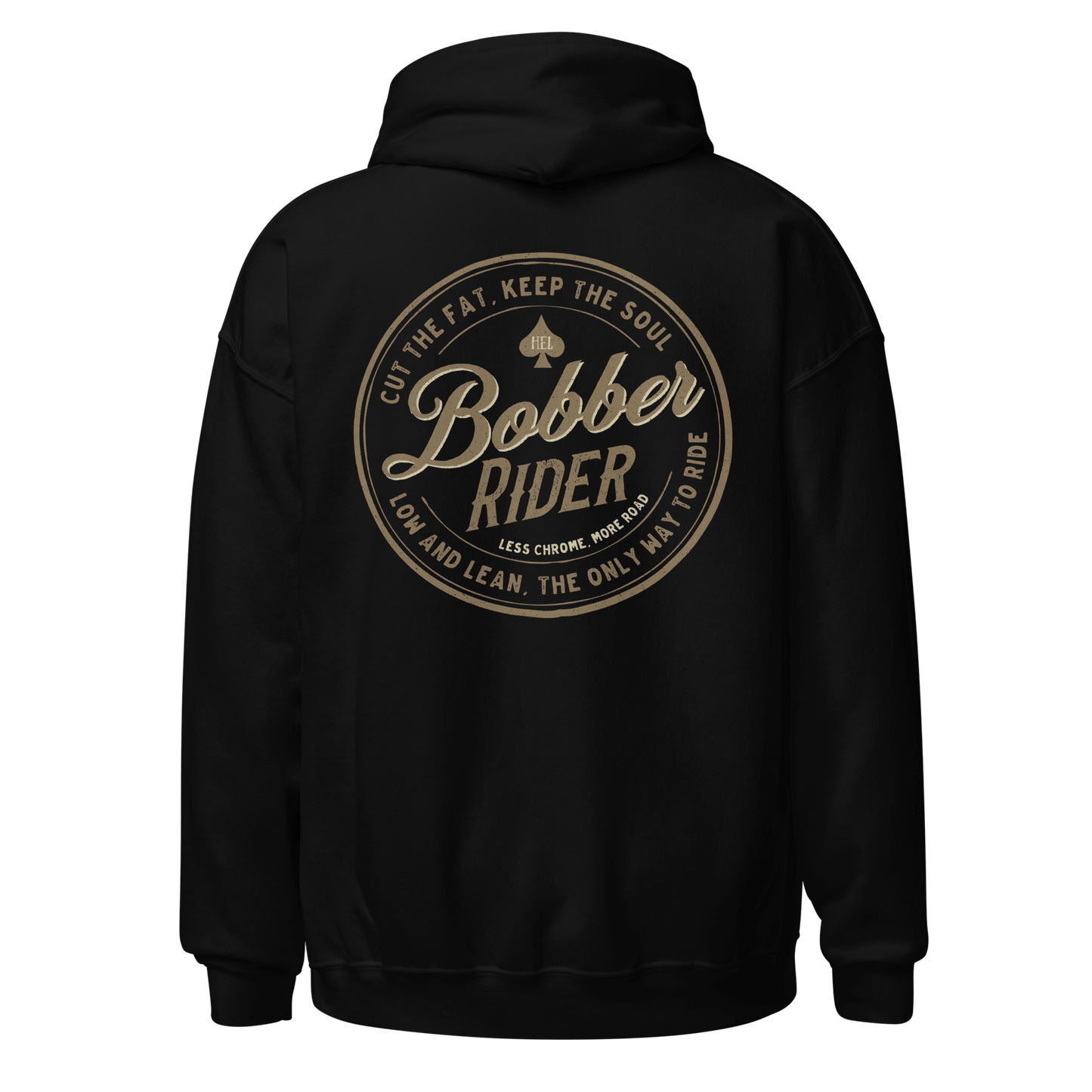 Bobber Rider Motorcycle Hoodie with vintage style graphic on back, perfect for motorbike enthusiasts and cozy riding days.