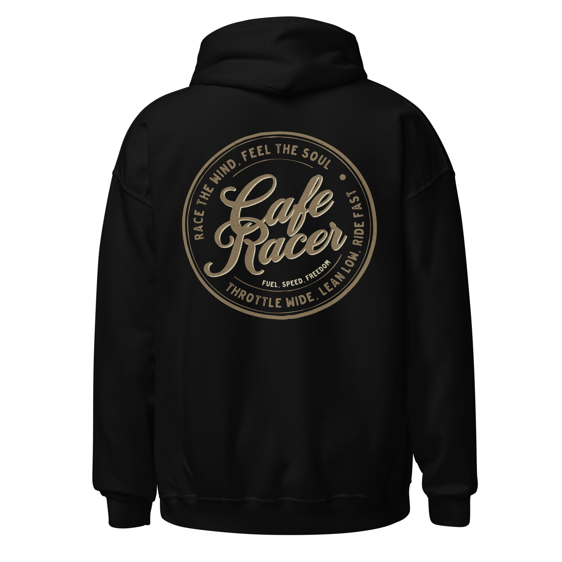 Cafe Racer hoodie with vintage motorcycle design on the back in black fabric, perfect for bike enthusiasts and classic apparel lovers.