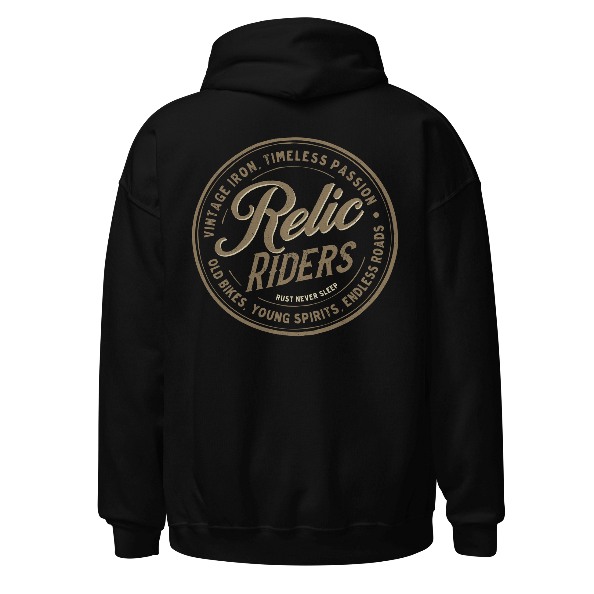 Relic Riders Motorcycle Hoodie with Vintage Iron Timeless Passion Design on Back