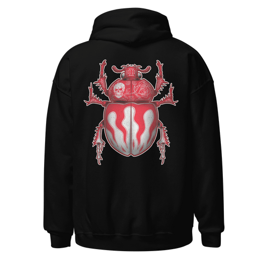 Red Scarab Beetle design on the back of a black hoodie, perfect for motorbike enthusiasts and bug art lovers.