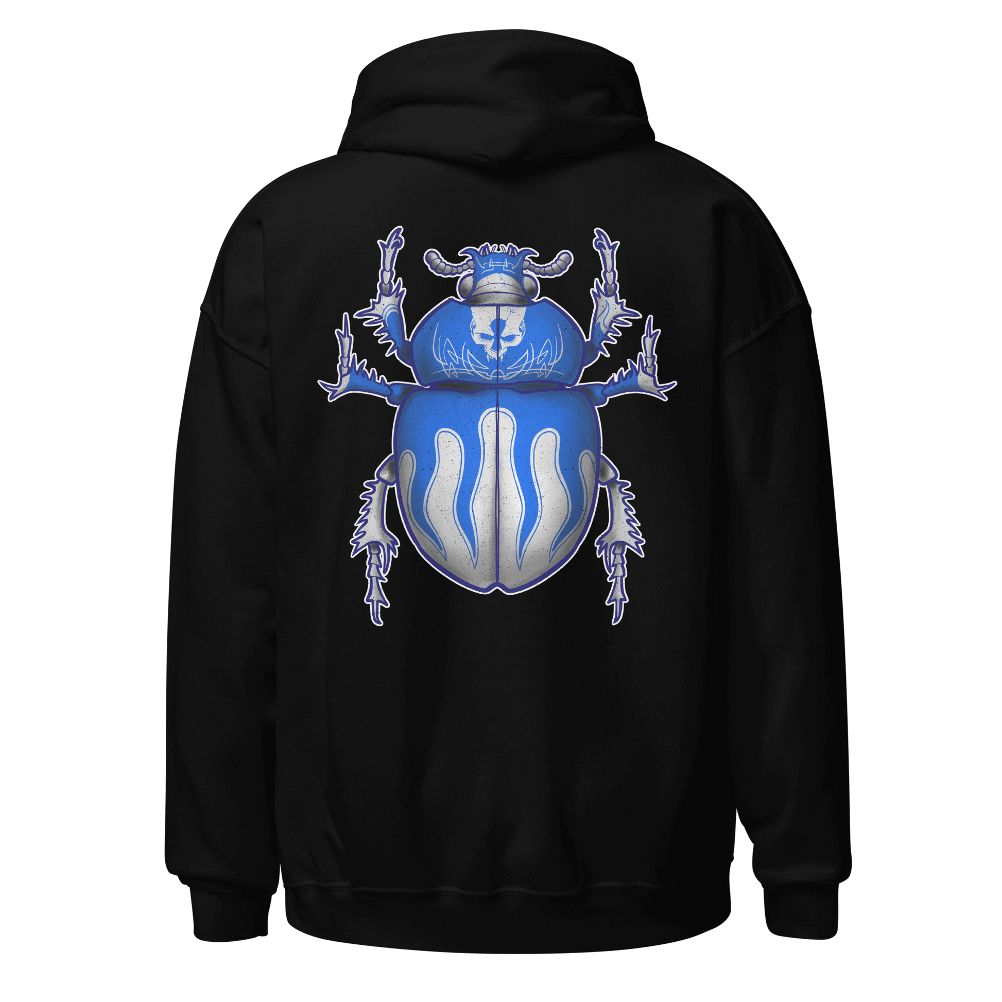 Blue scarab beetle design on the back of a black motorcycle hoodie, perfect for bikers and bug art lovers.