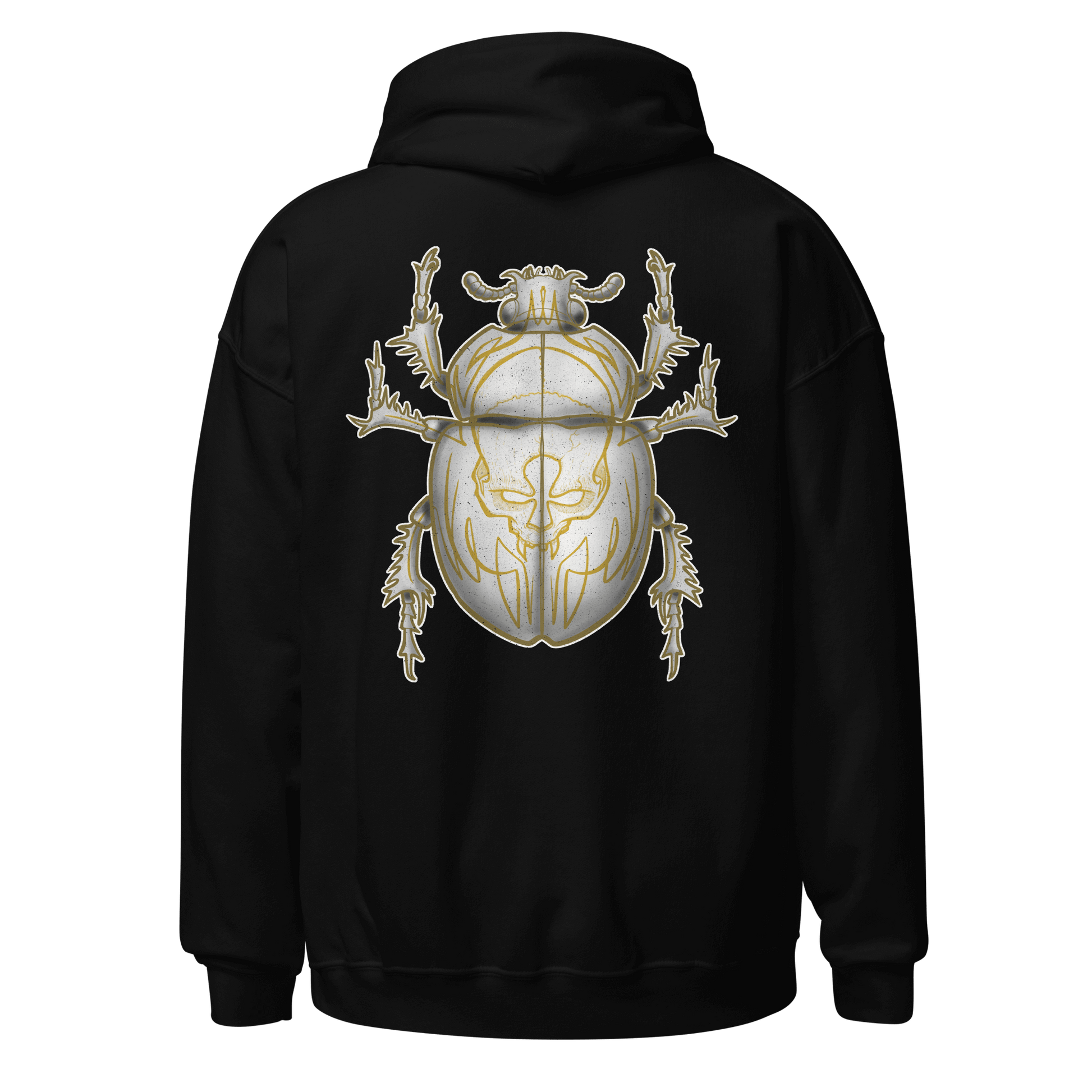 Black hoodie featuring a detailed yellow scarab beetle design on the back, perfect for motorcycle enthusiasts.