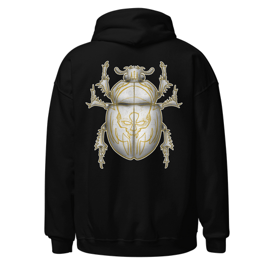 Black hoodie featuring a detailed yellow scarab beetle design on the back, perfect for motorcycle enthusiasts.