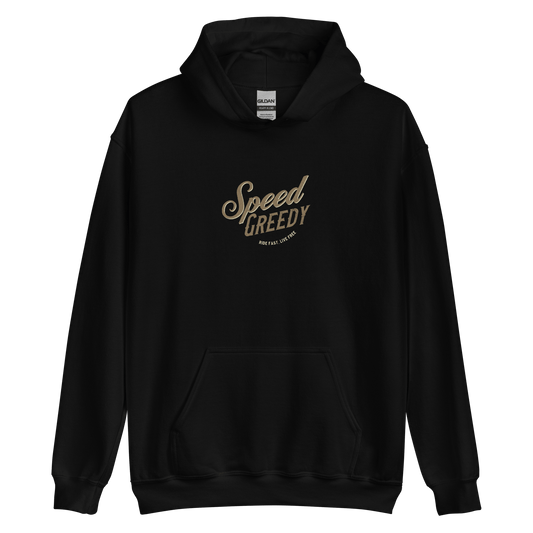 Black Speed Greedy motorcycle hoodie with stylish logo, perfect for motorbike enthusiasts and cozy casual wear.